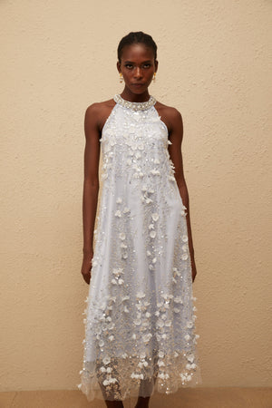 Aurohaya Quitterie Blue Embellished Floral Tulle Midi Dress