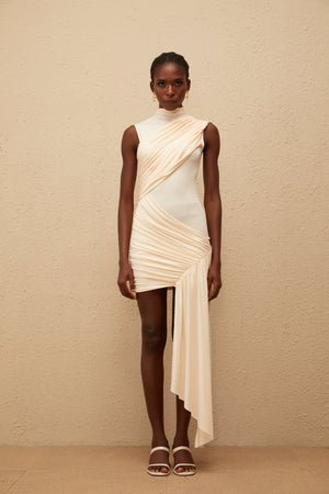Aurohaya Géraldine Neutral Asymmetrical Ruched Mini Dress