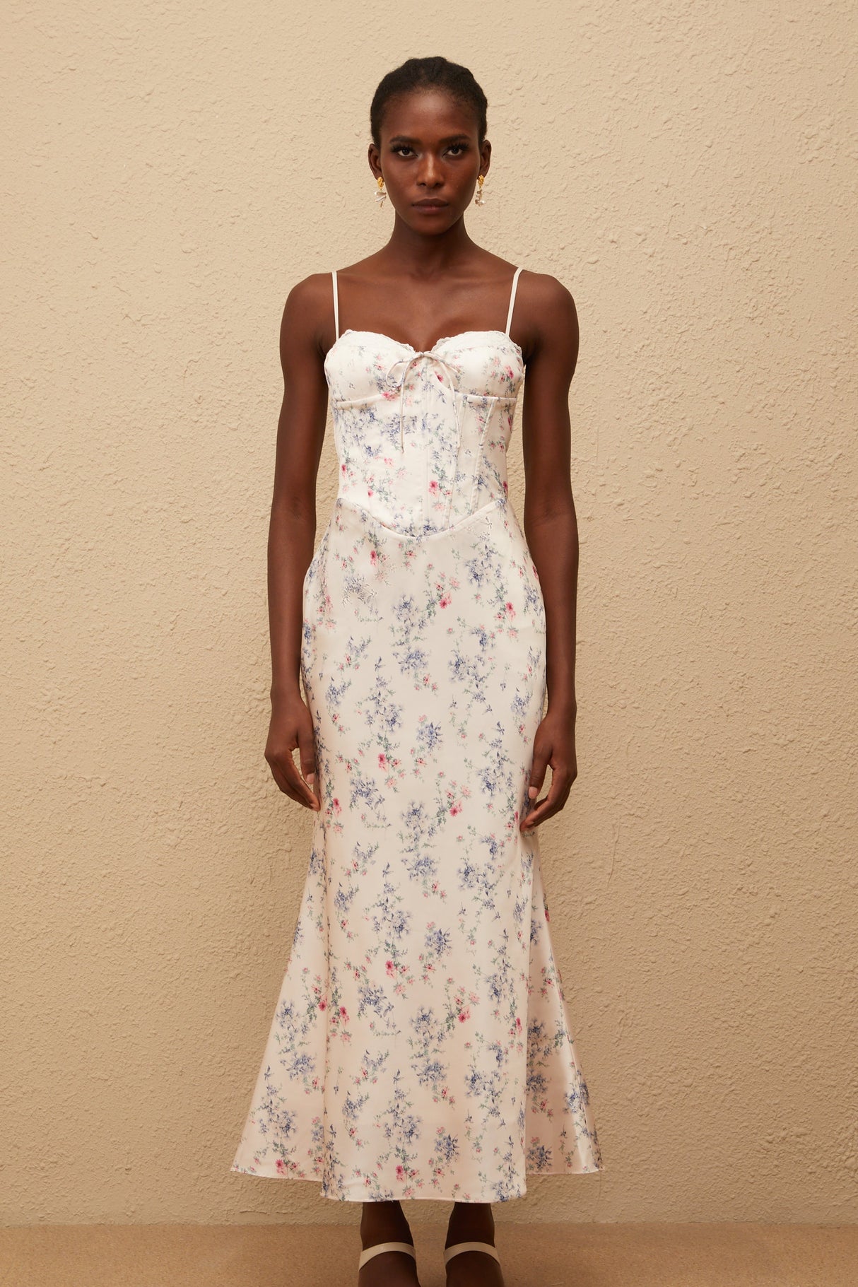 Aurohaya Angeliki White Floral Print Satin Maxi Dress