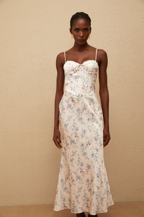Aurohaya Angeliki White Floral Print Satin Maxi Dress