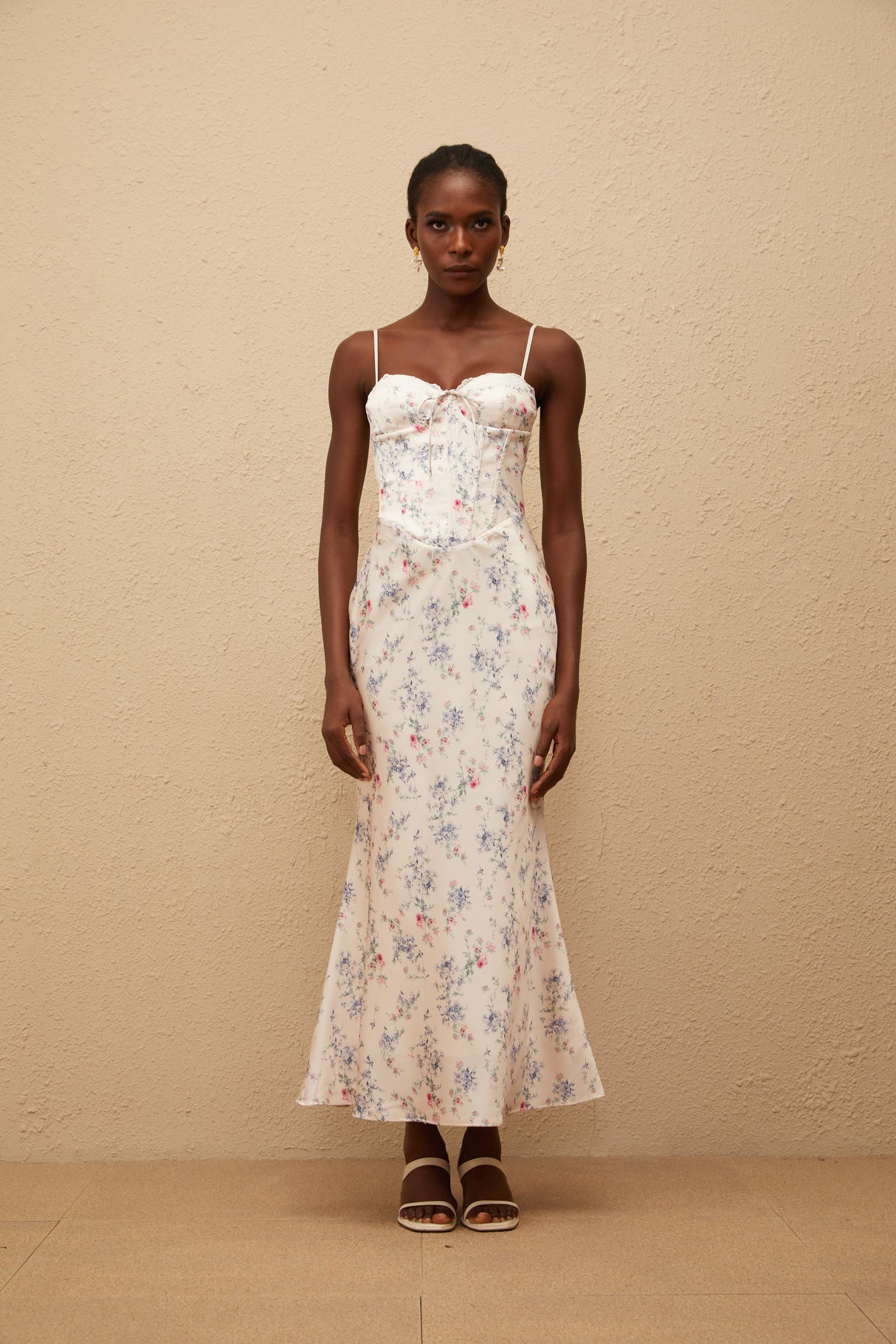 Aurohaya Angeliki White Floral Print Satin Maxi Dress