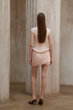 Aurohaya Fleur Pink Ruched Bubble Hem Mini Dress