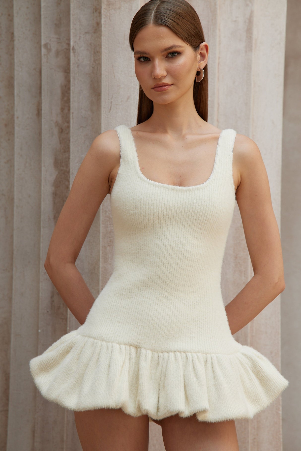 Aurohaya Laetitia White Furry Ribbed Knit Mini Dress