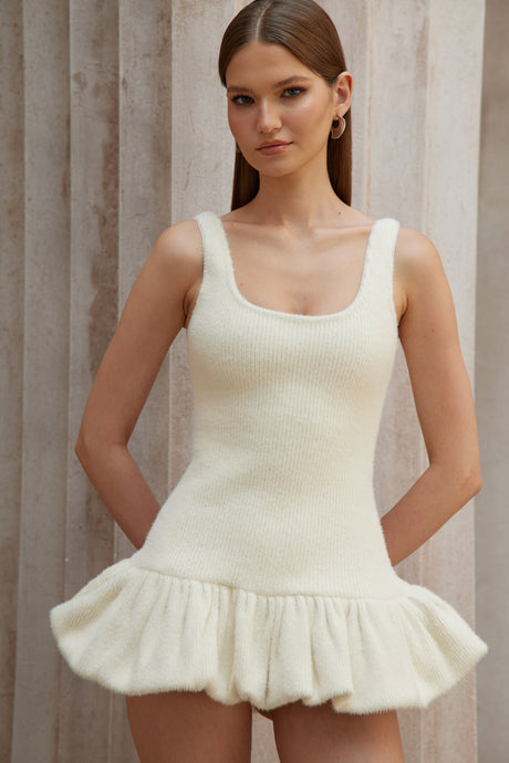 Aurohaya Laetitia White Furry Ribbed Knit Mini Dress