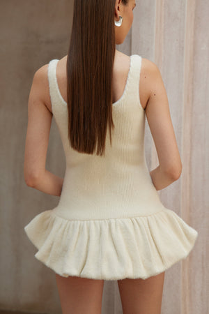 Aurohaya Laetitia White Furry Ribbed Knit Mini Dress