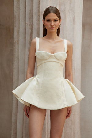 Aurohaya Michèle White Furry Leather Panel Mini Dress