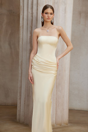 Aurohaya Adélade Yellow Ruched Satin Corset Maxi Dress