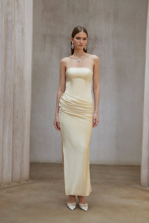 Aurohaya Adélade Yellow Ruched Satin Corset Maxi Dress