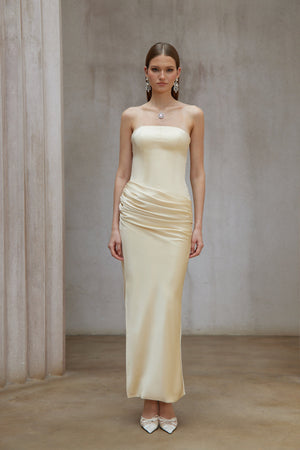 Aurohaya Adélade Yellow Ruched Satin Corset Maxi Dress