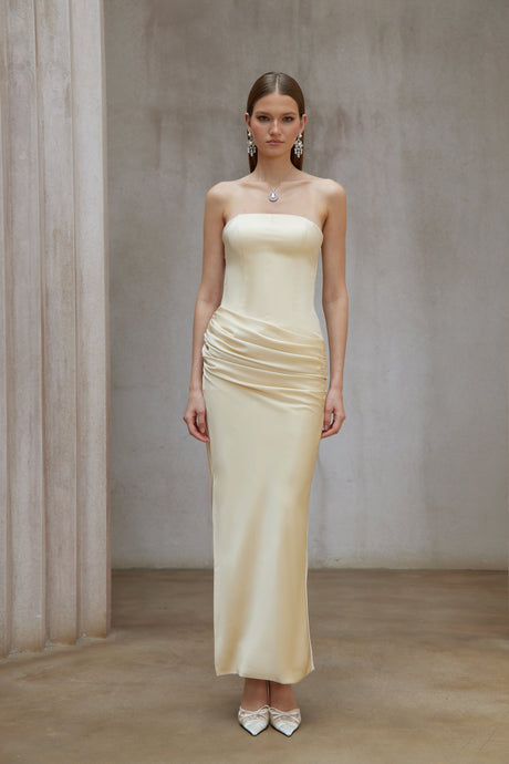 Aurohaya Adélade Yellow Ruched Satin Corset Maxi Dress