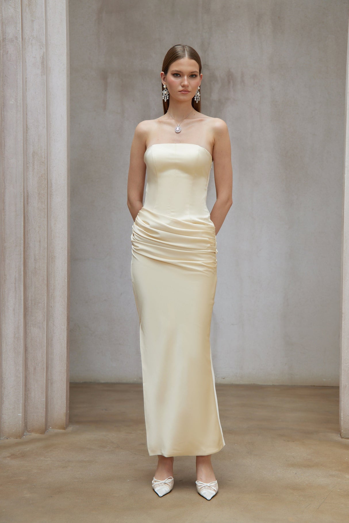 Aurohaya Adélade Yellow Ruched Satin Corset Maxi Dress