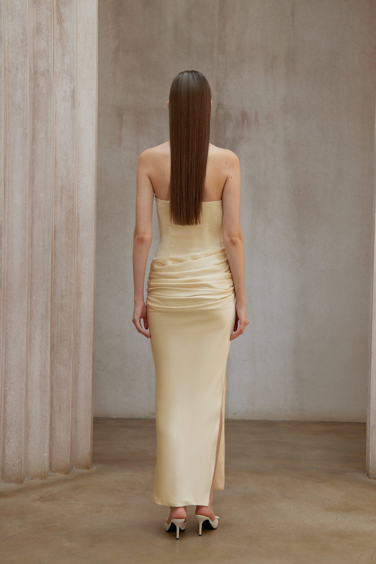 Aurohaya Adélade Yellow Ruched Satin Corset Maxi Dress