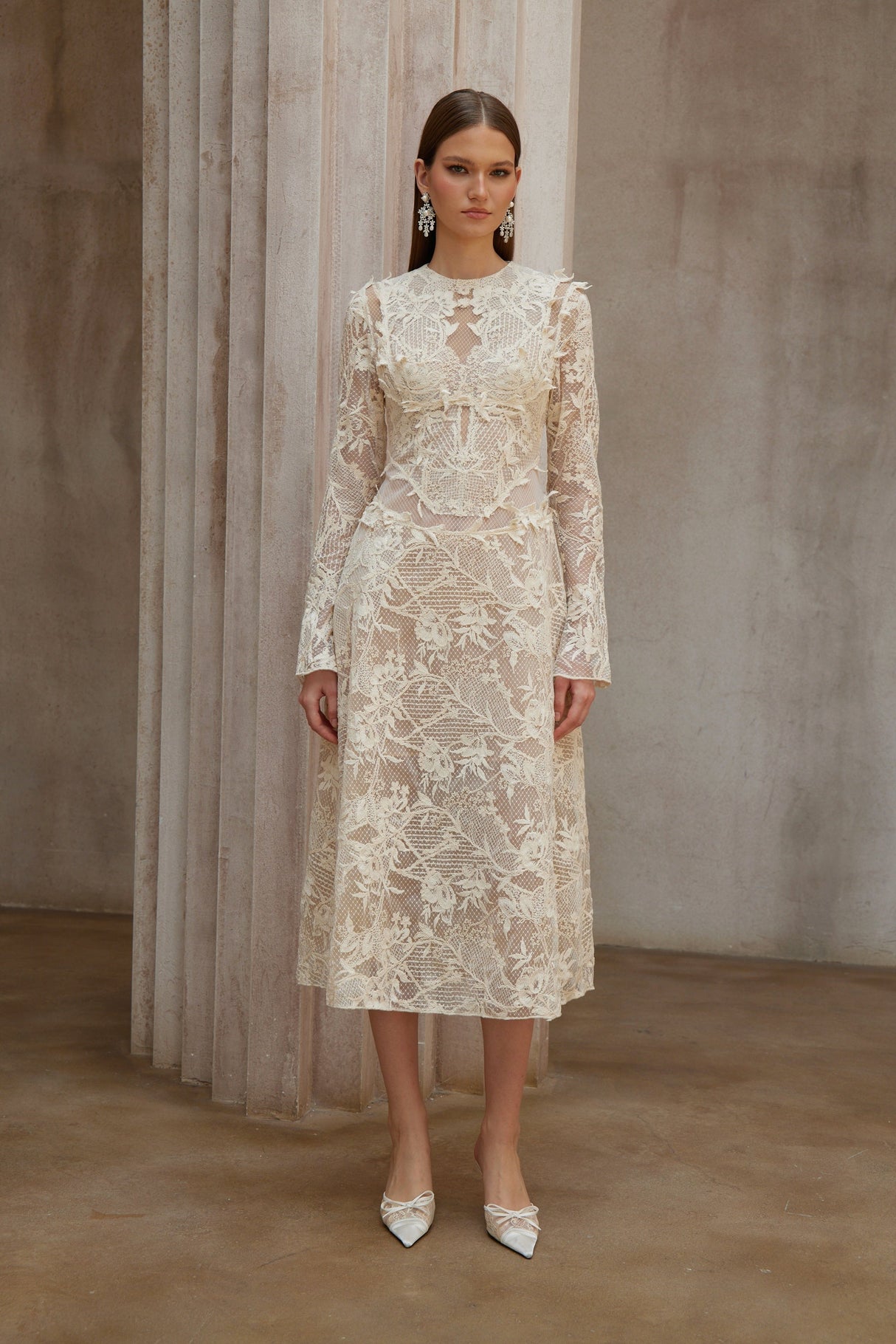 Aurohaya Amber White Long Sleeve Floral Lace Midi Dress