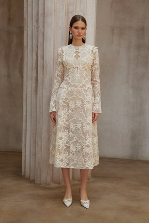 Aurohaya Amber White Long Sleeve Floral Lace Midi Dress