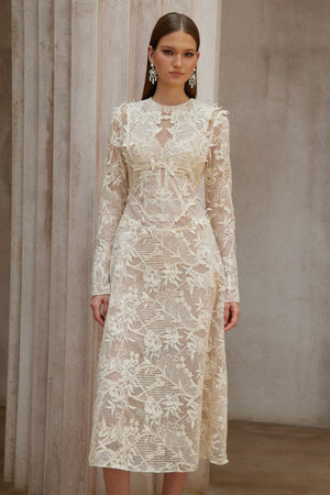 Aurohaya Amber White Long Sleeve Floral Lace Midi Dress