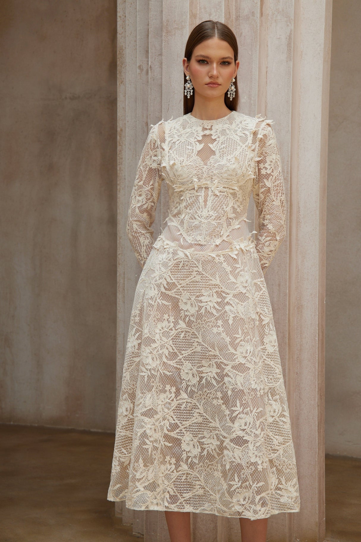 Aurohaya Amber White Long Sleeve Floral Lace Midi Dress
