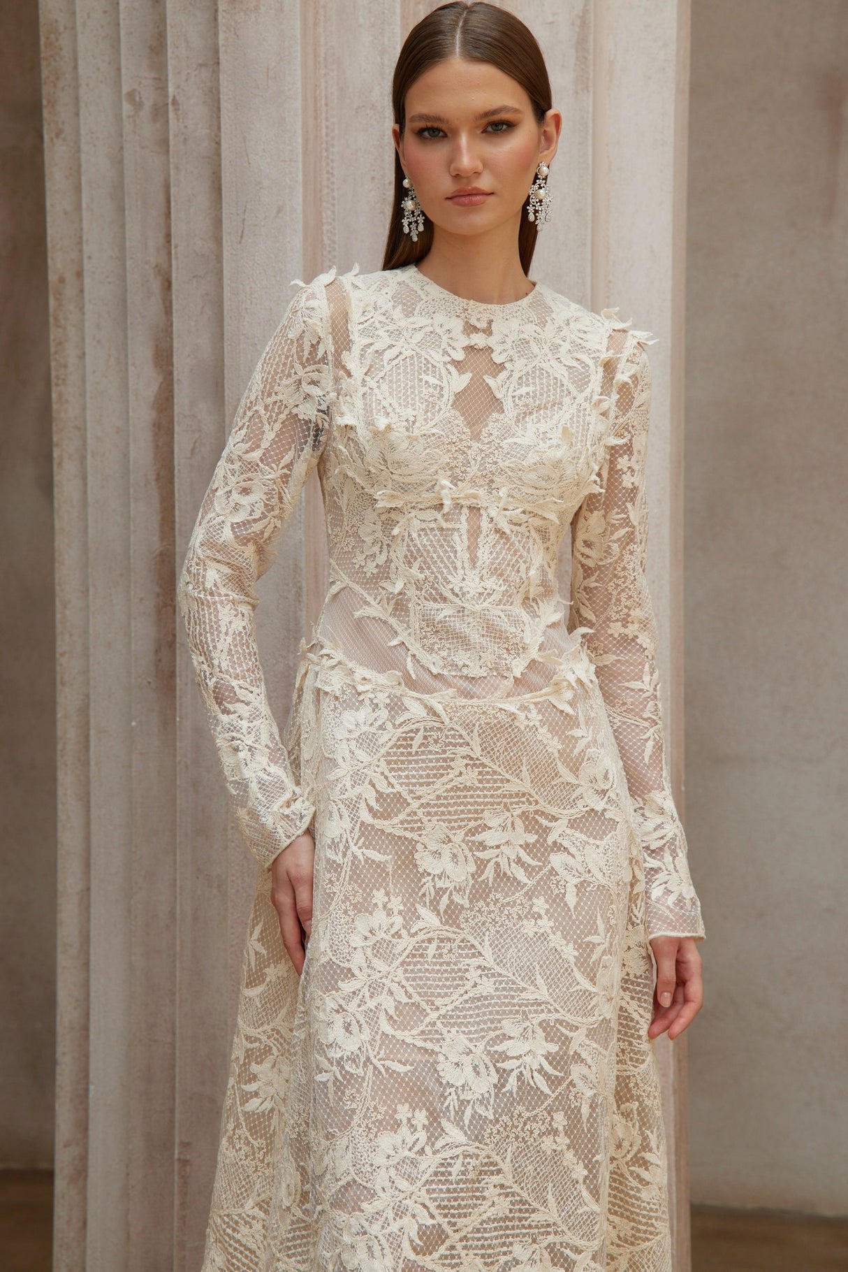 Aurohaya Amber White Long Sleeve Floral Lace Midi Dress