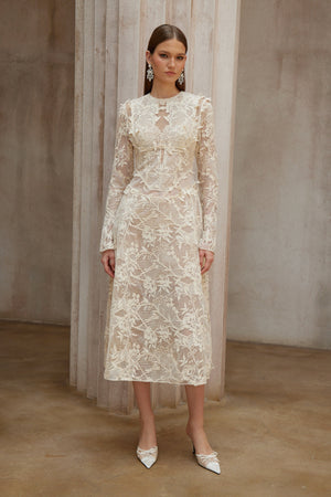 Aurohaya Amber White Long Sleeve Floral Lace Midi Dress