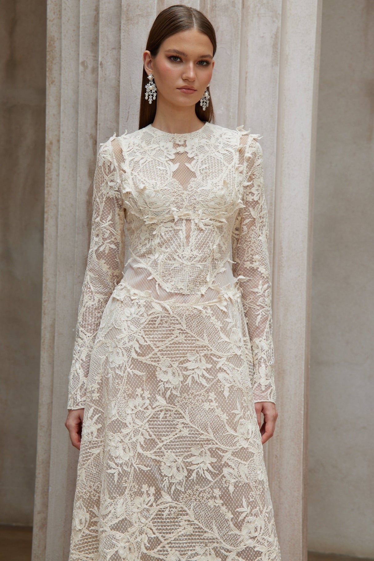 Aurohaya Amber White Long Sleeve Floral Lace Midi Dress