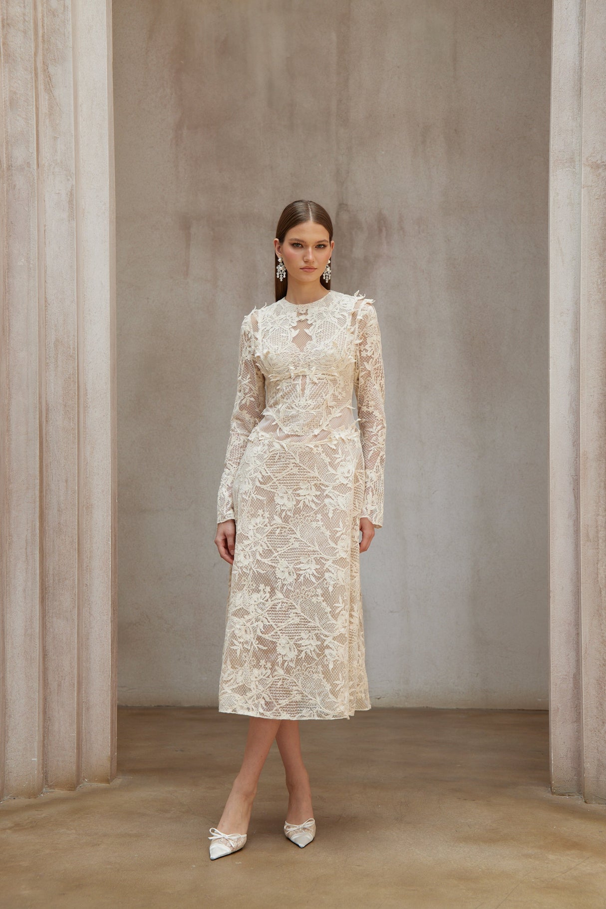 Aurohaya Amber White Long Sleeve Floral Lace Midi Dress