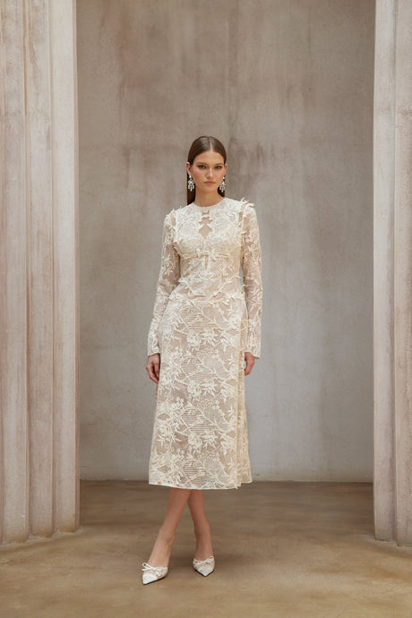 Aurohaya Amber White Long Sleeve Floral Lace Midi Dress