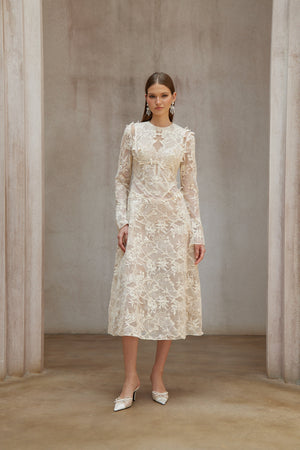 Aurohaya Amber White Long Sleeve Floral Lace Midi Dress
