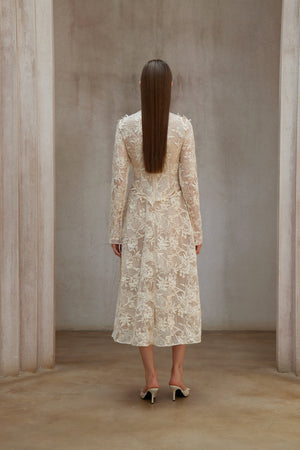 Aurohaya Amber White Long Sleeve Floral Lace Midi Dress