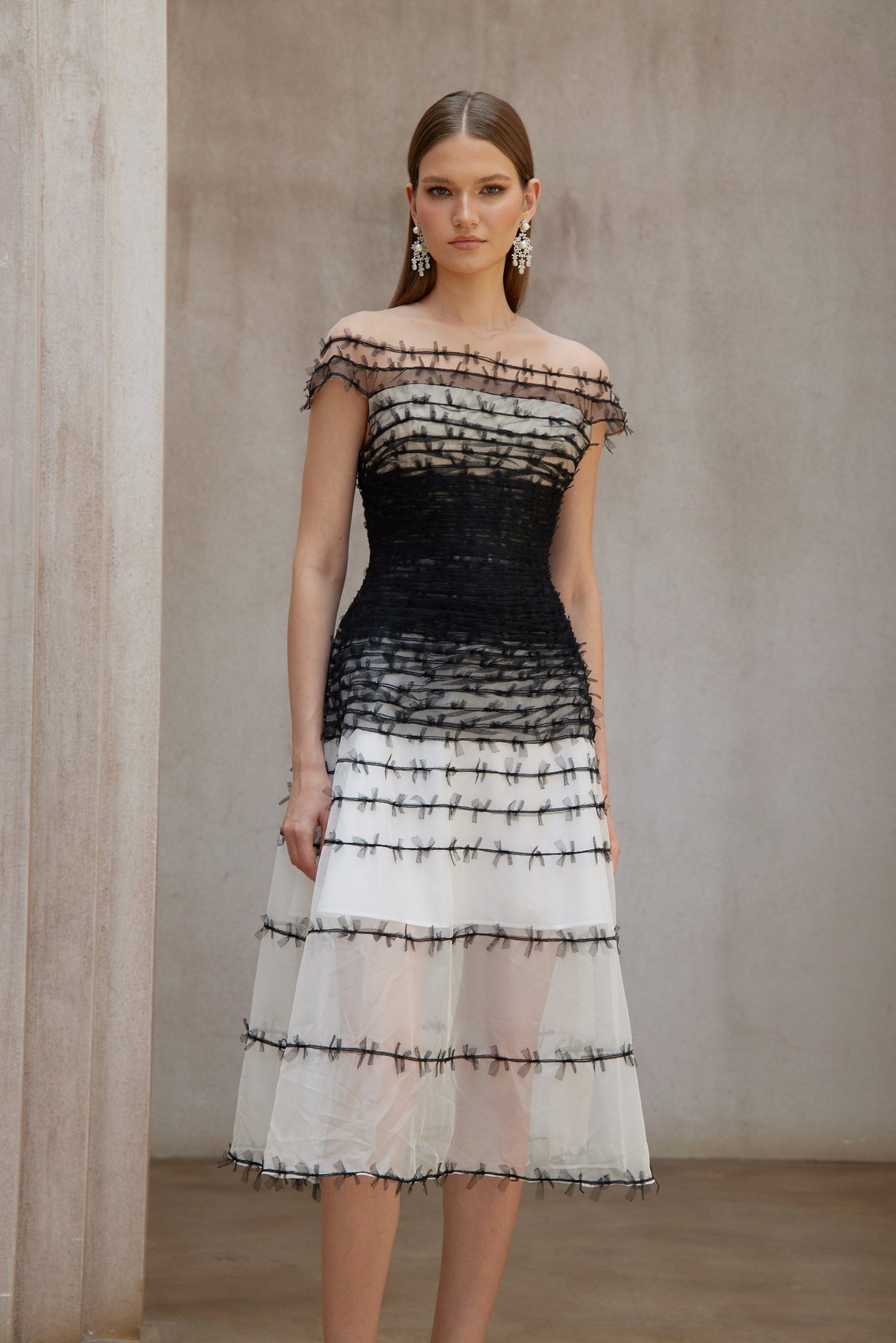 Aurohaya Eléonore Color Block Tulle Midi Dress