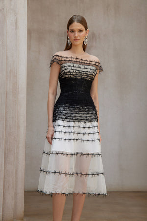 Aurohaya Eléonore Color Block Tulle Midi Dress