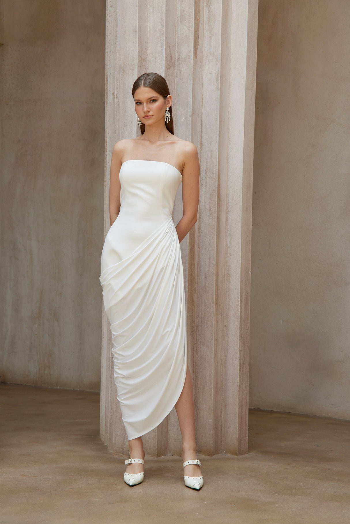 Aurohaya Wanda White Asymmetrical Ruched Midi Dress