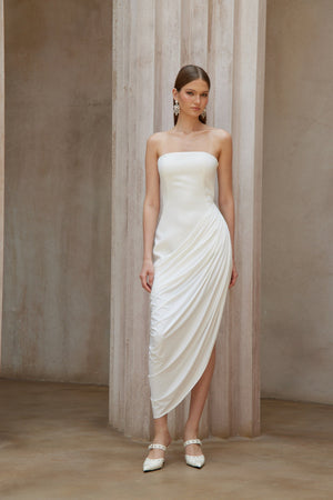 Aurohaya Wanda White Asymmetrical Ruched Midi Dress