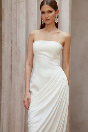 Aurohaya Wanda White Asymmetrical Ruched Midi Dress