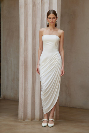 Aurohaya Wanda White Asymmetrical Ruched Midi Dress