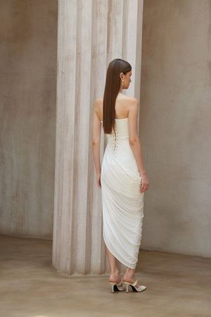 Aurohaya Wanda White Asymmetrical Ruched Midi Dress