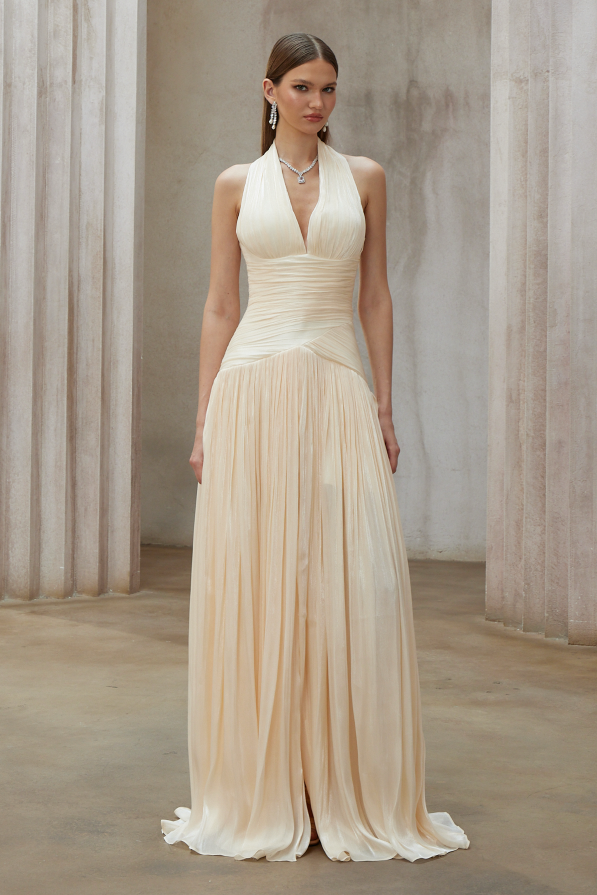 Verdelune Neutral Gathered Maxi Dress