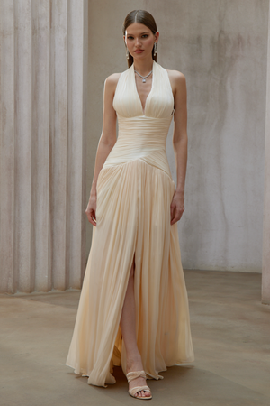 Aurohaya Verdelune Neutral Gathered Maxi Dress