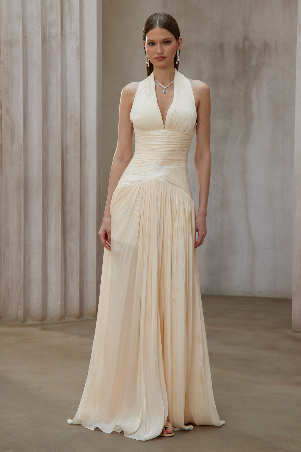 Aurohaya Verdelune Neutral Gathered Maxi Dress