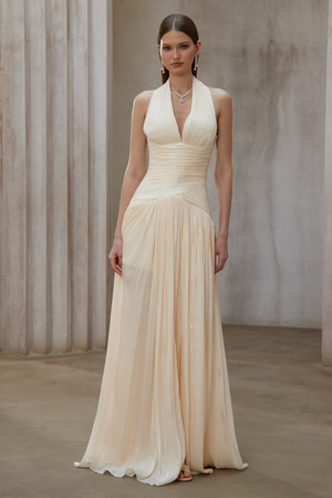 Aurohaya Verdelune Neutral Gathered Maxi Dress