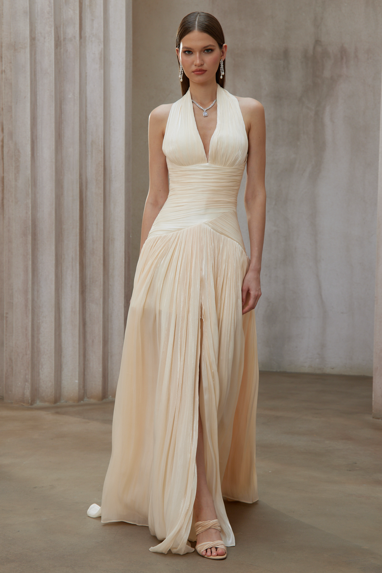 Aurohaya Verdelune Neutral Gathered Maxi Dress