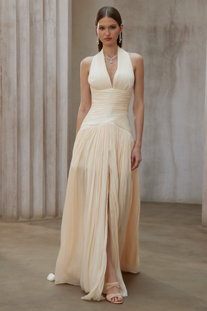 Aurohaya Verdelune Neutral Gathered Maxi Dress