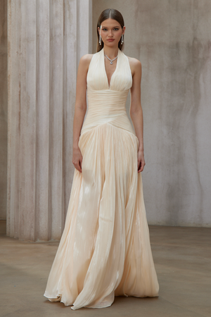 Aurohaya Verdelune Neutral Gathered Maxi Dress