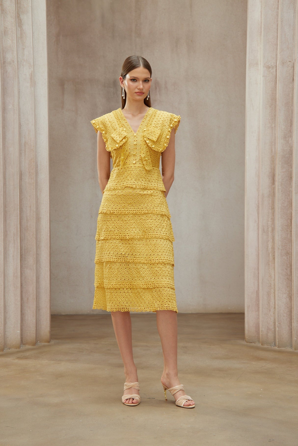 Aurohaya Fidji Yellow Layered Embroidered Midi Dress