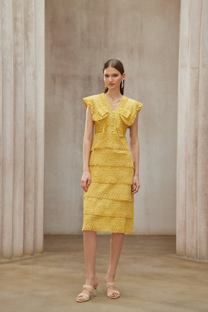 Aurohaya Fidji Yellow Layered Embroidered Midi Dress