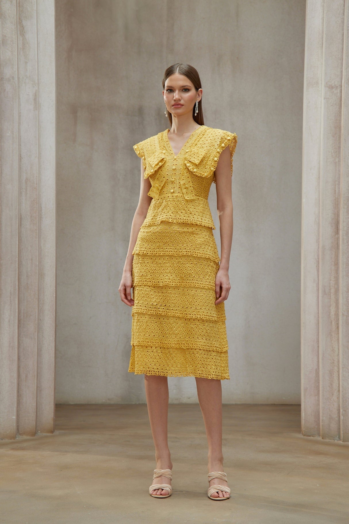 Aurohaya Fidji Yellow Layered Embroidered Midi Dress