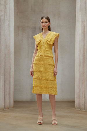 Aurohaya Fidji Yellow Layered Embroidered Midi Dress