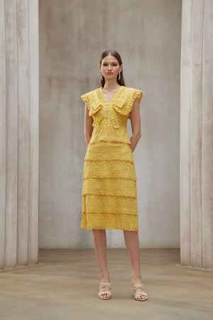 Aurohaya Fidji Yellow Layered Embroidered Midi Dress