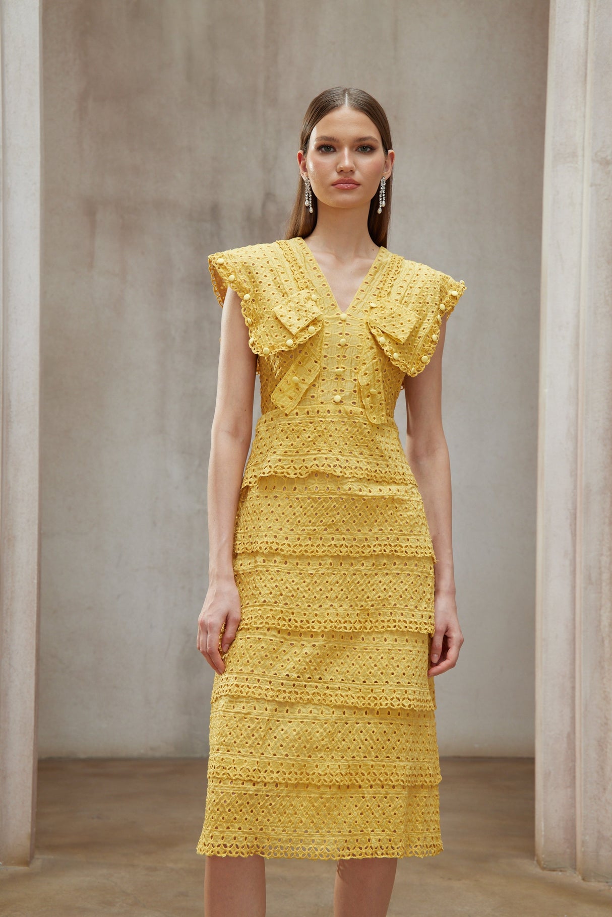 Aurohaya Fidji Yellow Layered Embroidered Midi Dress