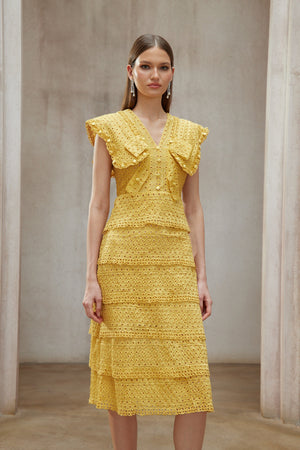 Aurohaya Fidji Yellow Layered Embroidered Midi Dress