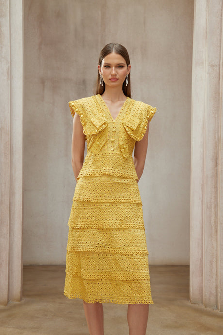 Aurohaya Fidji Yellow Layered Embroidered Midi Dress