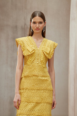 Aurohaya Fidji Yellow Layered Embroidered Midi Dress